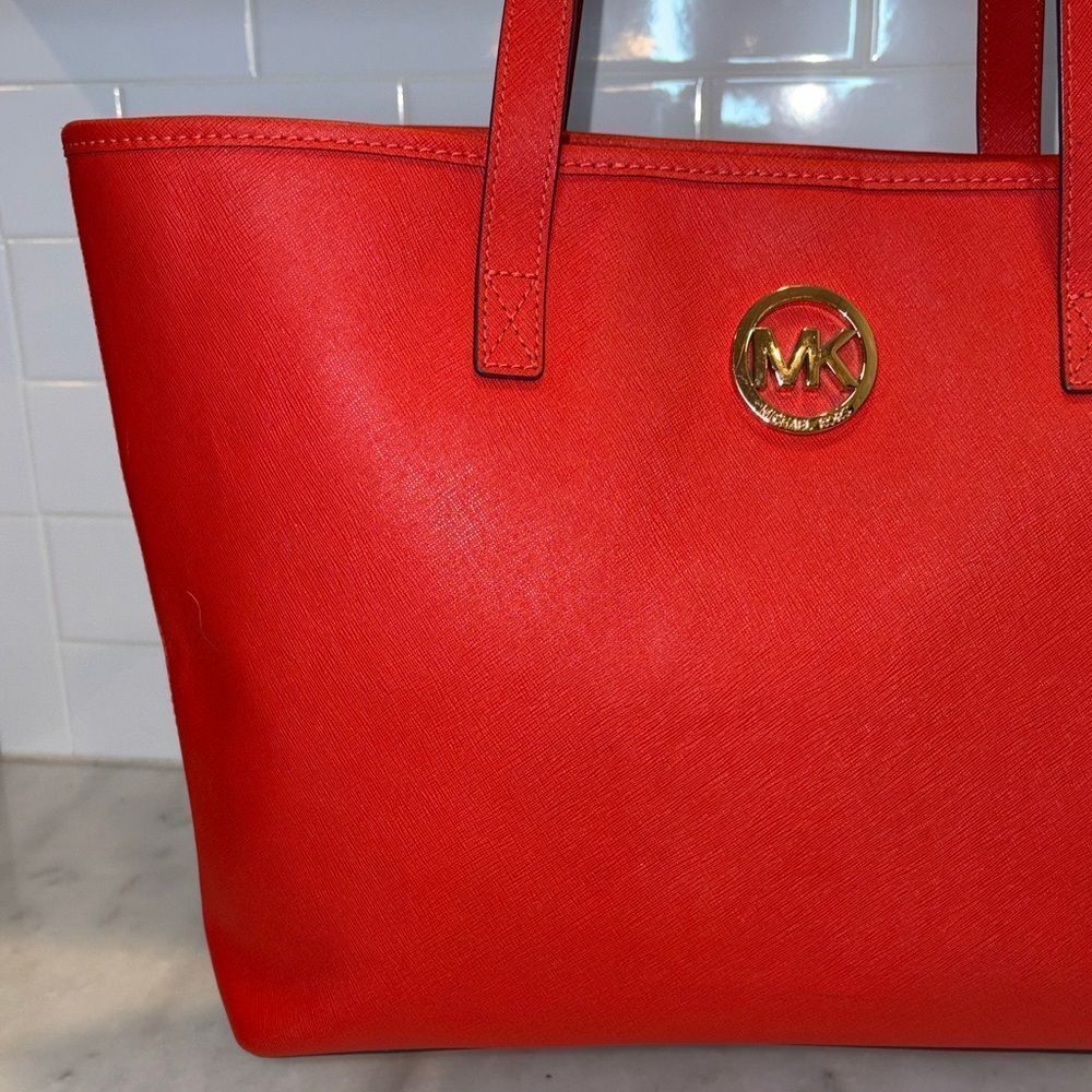 Michael Kors Purse Tote Bag Jet Set Travel Large Saffiano Leather - Red Gold - Picture 2 of 16